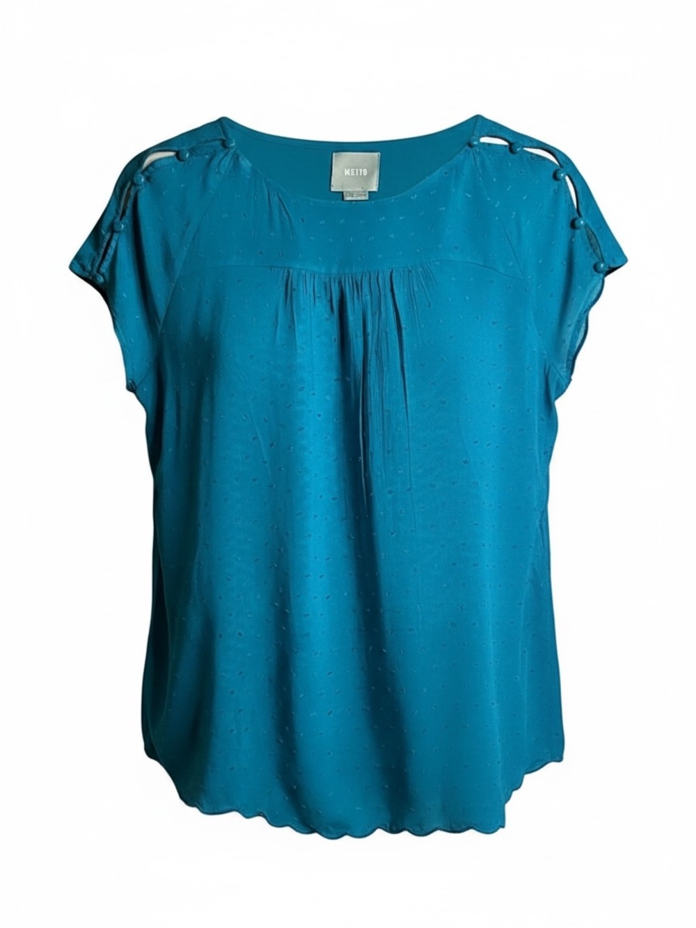 Maeve by Anthropologie Teal Swiss Dot Blouse Size 4 Cap-Sleeves Scallop Hem